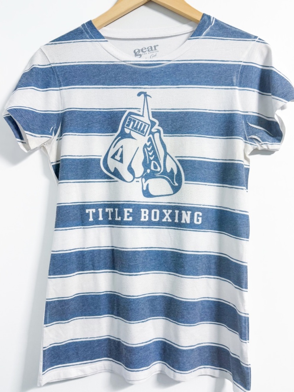 Striped Graphic Tee L Blue White Boxing Shirt Retro Gym Top